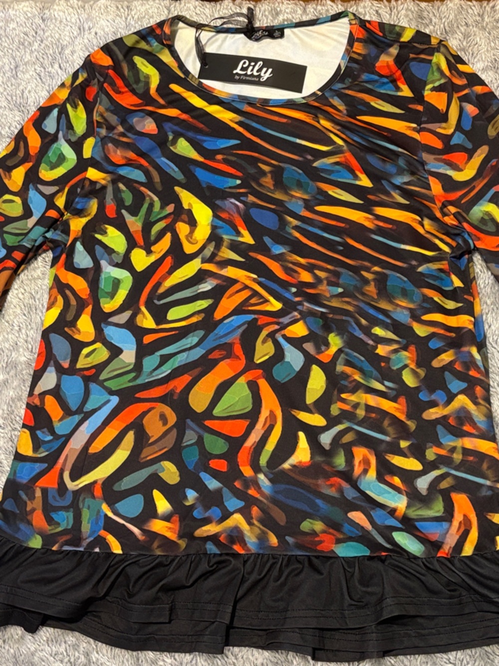Multicolor Tunic Top, Lily by Firmiana Abstract Print with Flaring Trim